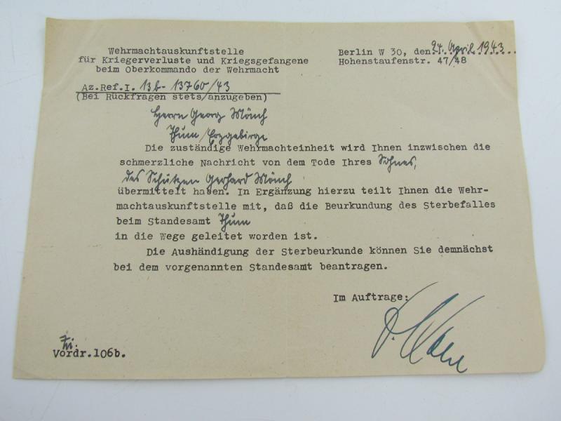 Death Notice To Father Of German Soldier